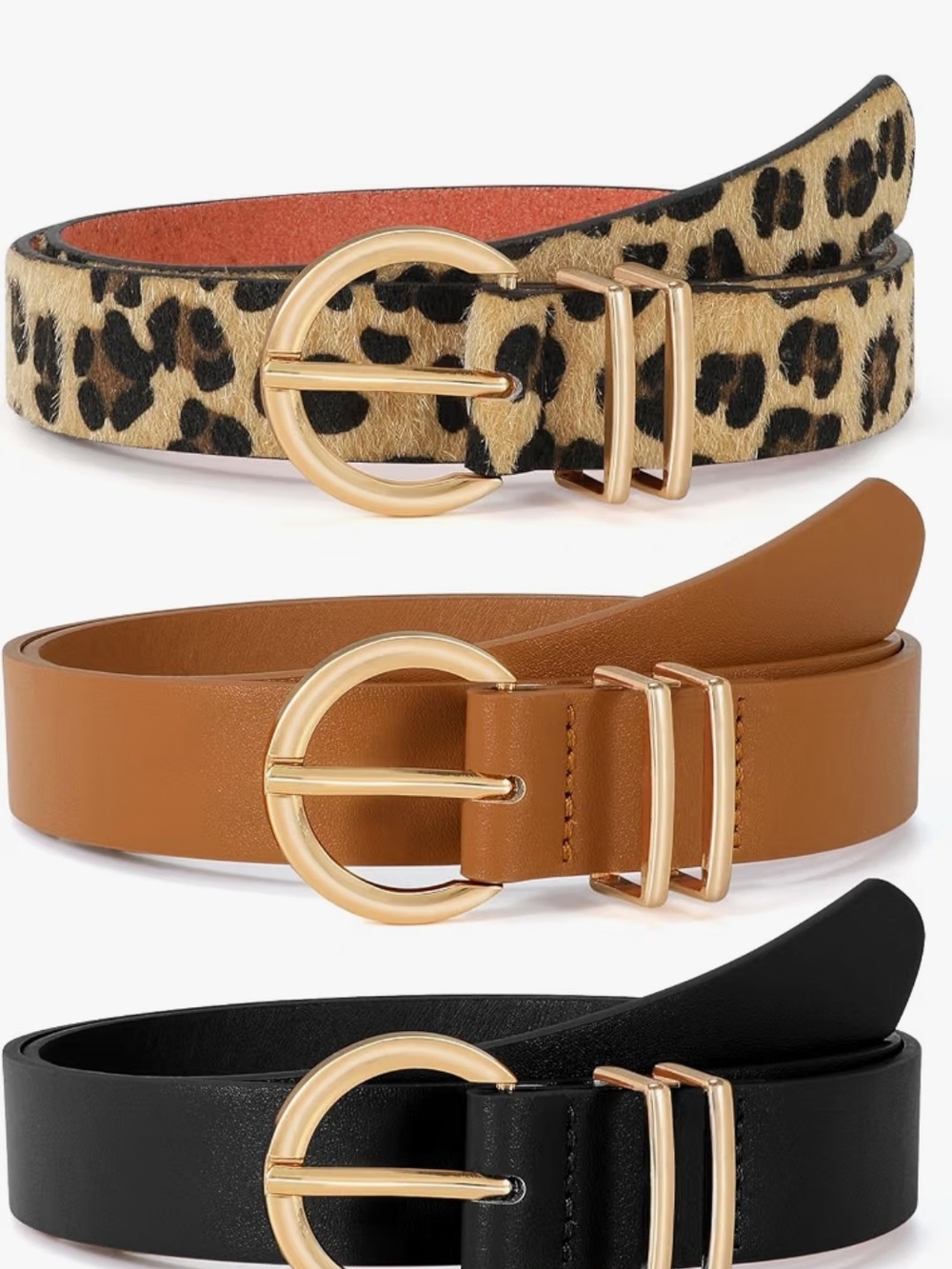 Women’s Leopard, Tan & Black Circle-Buckle Belt Set